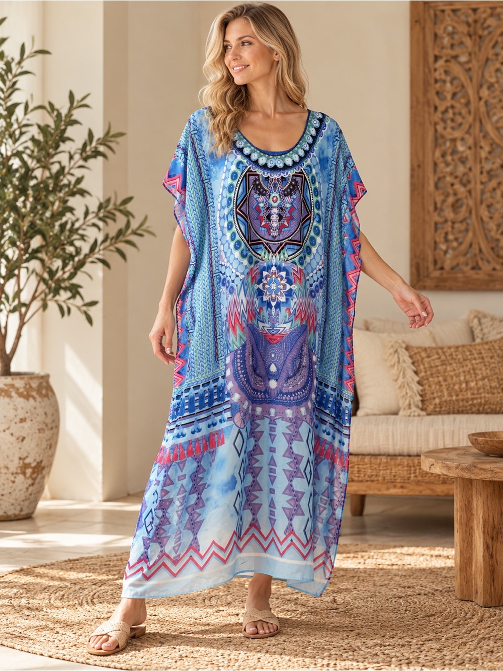 Women’s Blue Multicolor Geometric Print Kaftan Maxi Dress Boho Cover-Up Sz 16W